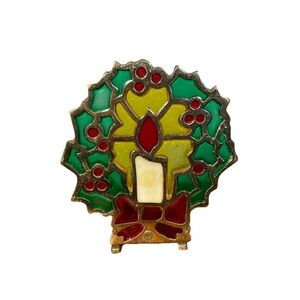 Vintage Cast Iron Christmas Candle Holder Holly Berry Stained Glass